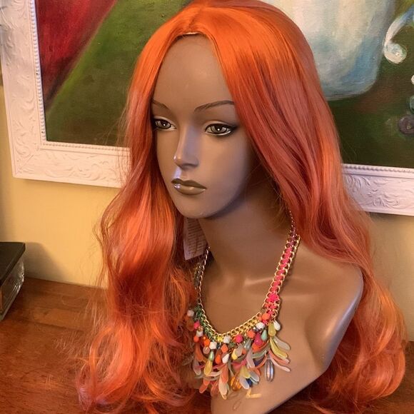 Reddish orange, long wavy, synthetic wig - Picture 3 of 12